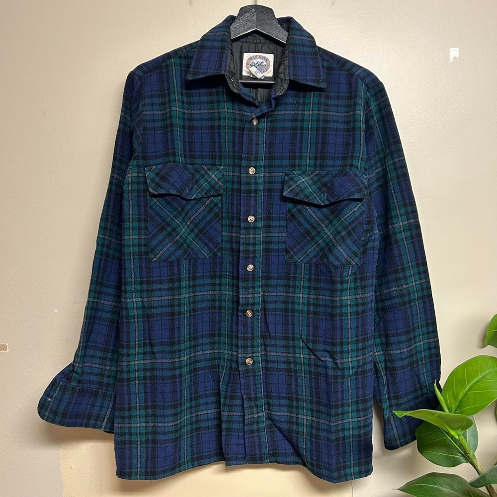 Vintage 90s Bay Area Traders Navy Green Plaid Flannel Button Up Shirt Mens S